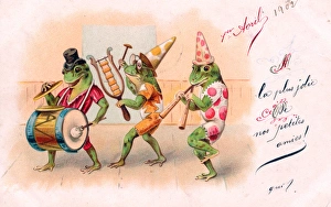 Three frogs playing music on an April Fool postcard Three frogs playing music on an April Fool postcard