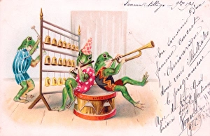 Three frogs playing music on a French greetings postcard Three frogs playing music on a French greetings postcard