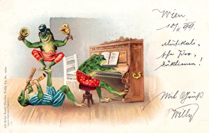 Three frogs playing music on a German postcard Three frogs playing music on a German postcard