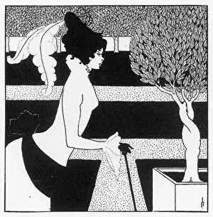 Prints of Frontispiece to The Yellow Book, volume II, July 1894, by Aubrey Beardsley depicting a young woman in a formal garden Aubrey Beardsley Prints: Frontispiece Print: Young Woman in Formal Garden, July 1894