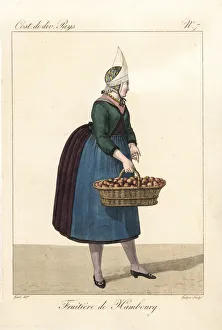 Fruit seller of Hamburg, Germany, with basket Fruit seller of Hamburg, Germany, with basket