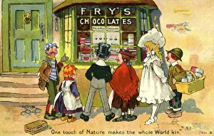 Prints of Group of excited people gazing into a shop window to look at a display of Frys chocolates. Artist: Tom Browne Date: 1908 Tom Browne Prints: Early 20th Century Frys Chocolate Shop Window Print, 1908