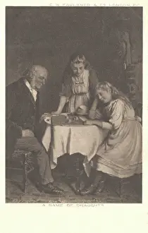 Print of Elderly Gentleman Playing Draughts with Granddaughters