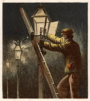 Victorian Street Scene Prints: Gas Light / Lamplighter
