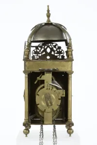 Prints of Brass and metal lantern clock on four ball feet, made by Robert Robinson in Lothbury, City of London, c.1660-1670. Date: 1660-1670 Robert Robinson Prints: Reverse Brass and Metal Lantern Clock Print, c.1660-1670