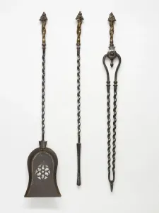 Cast polished steel fire poker with twisted brass handle and floral finial, Print