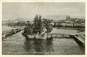 Geneva, Switzerland - Ile J J Rousseau and Mont Blanc Geneva, Switzerland - Ile J J Rousseau and Mont Blanc