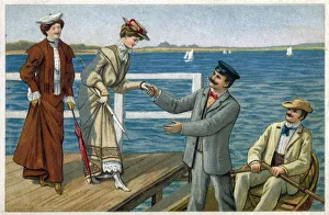 Gentleman assists a lady to board a small rowing boat Gentleman assists a lady to board a small rowing boat