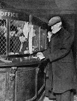 Prints of A typical scene on January 1st 1909 showing a man drawing his first pension at the post office David Lloyd George Prints: A Gentleman Drawing the First Pension Print, 1909