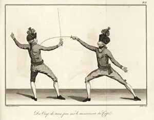 Gentleman fencer lunging and striking an opponent Gentleman fencer lunging and striking an opponent
