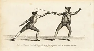 Gentleman fencers in thrust and guard positions Gentleman fencers in thrust and guard positions