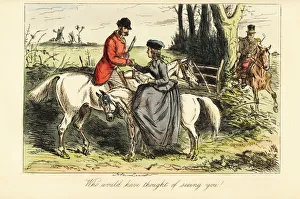 Gentleman on an old nag and lady on a pony meet up Gentleman on an old nag and lady on a pony meet up