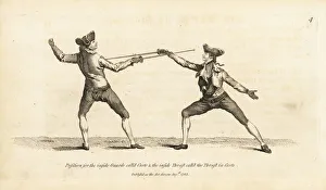 Gentlemen fencers in guard and thrust positions Gentlemen fencers in guard and thrust positions