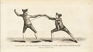 Gentlemen fencers in thrust and guard positions Gentlemen fencers in thrust and guard positions