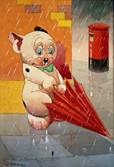 George Ernest Studdy, Bonzo in the rain with red umbrella George Ernest Studdy, Bonzo in the rain with red umbrella