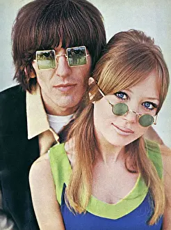 Prints of Beatle George Harrison (1943-2001) with his new wife, the model Patti Boyd (born 1944), pictured in London Life magazine in 1966 both wearing green-tinted sunglasses. Date: 1966 Fashion Prints: George Harrison and Patti Boyd, London Life Magazine Print, 1966