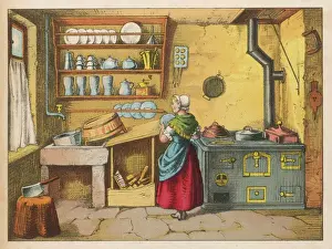 German Kitchen Print: Domestic Scene with Stove and Utensils
