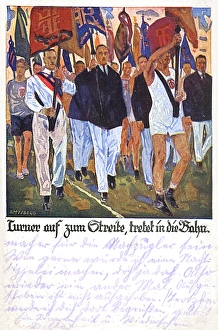 German postcard, athletes carrying flags German postcard, athletes carrying flags