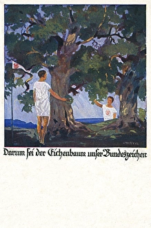 German postcard, two male athletes under oak tree German postcard, two male athletes under oak tree