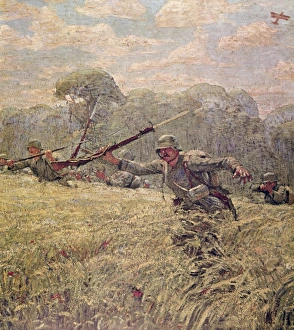 German soldiers advancing through cornfield, WW1 German soldiers advancing through cornfield, WW1