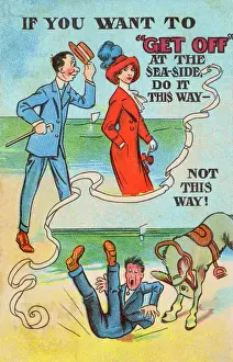 Prints of If you want to Get Off at the seaside, do it THIS way - not THIS way! A man has more success getting off with the ladies than he does from an irate beach donkey! Date: circa 1910s Donkey Prints: Getting Off at the Seaside Print, circa 1910s