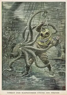 Giant Octopus vs US Diver Print
