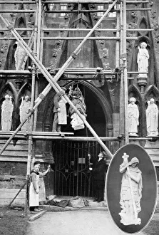 A gift to Exeter Cathedral - statues being hoisted into plac A gift to Exeter Cathedral - statues being hoisted into plac