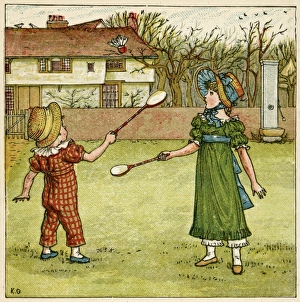 Girl and boy playing shuttlecock and battledore Girl and boy playing shuttlecock and battledore