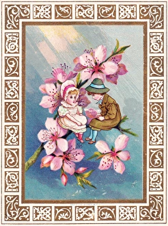 Girl and boy sitting on a branch of pink flowers Girl and boy sitting on a branch of pink flowers