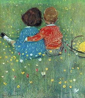 Girl and boy sitting on grass by Muriel Dawson Girl and boy sitting on grass by Muriel Dawson