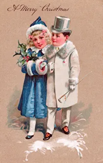 Girl and boy in the snow on a Christmas postcard Girl and boy in the snow on a Christmas postcard