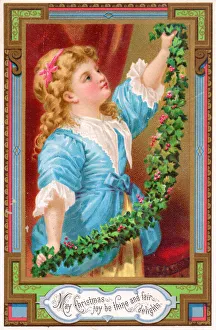 Girl with a garland of holly on a Christmas postcard Girl with a garland of holly on a Christmas postcard