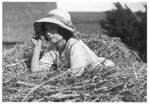 Rustic Landscape Photography Prints: Girl Lying on Haystack