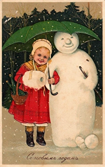 Girl with snowman on a Russian Christmas postcard Girl with snowman on a Russian Christmas postcard