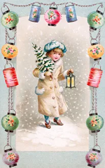 Girl with tree and lantern on a Christmas postcard Girl with tree and lantern on a Christmas postcard