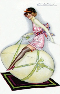 Girl in her underwear riding a large Easter egg Girl in her underwear riding a large Easter egg