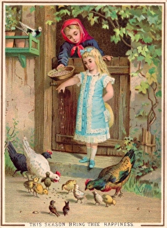 Two girls with hens and chicks on a Christmas card Two girls with hens and chicks on a Christmas card