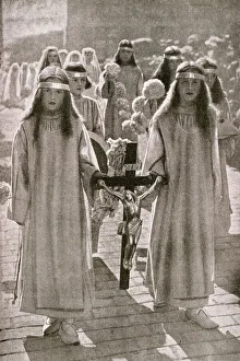 Girls taking part in a religious procession, France Girls taking part in a religious procession, France
