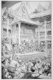 Prints of A performance is watched by a packed house at the Globe theatre, London Art Prints: Globe Theatre Performance Print