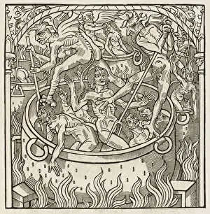 Gluttony Punished Print - Covetous men and women pushed into cauldrons