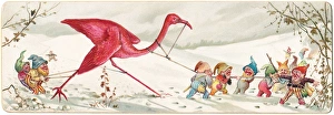 Goblins with a pink flamingo on a Christmas card Goblins with a pink flamingo on a Christmas card