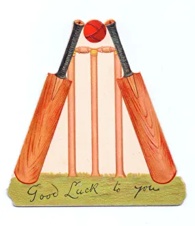 Good Luck card with two cricket bats, a ball and a wicket Good Luck card with two cricket bats, a ball and a wicket