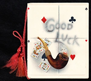 Good Luck card with pipe and playing cards Good Luck card with pipe and playing cards