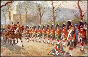 Prints of A detachment of Gordon Highlanders dip the colours to passing royalty near Buckingham Palace on Constitution Hill Buckingham Palace Prints: Gordon Highlanders Colour Party Print