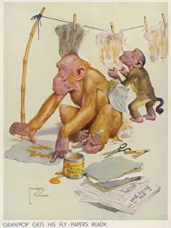 Humorous Historical Illustrations Prints: Gran pop Gets his Fly-Papers Ready