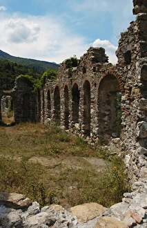 Greece. Mystras. Monastery of Agia Sophia. Ruins of refector Greece. Mystras. Monastery of Agia Sophia. Ruins of refector