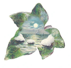 Greetings card in the shape of a green leaf with seascape Greetings card in the shape of a green leaf with seascape