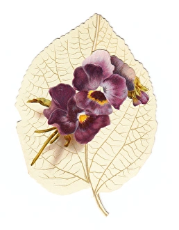 Greetings card in the shape of a white leaf with pansies Greetings card in the shape of a white leaf with pansies