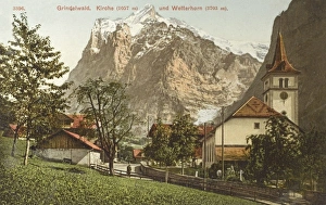 Grindelwald - Church and view of Wetterhorn Grindelwald - Church and view of Wetterhorn
