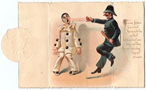 Grinning policeman and clown on a Christmas card Grinning policeman and clown on a Christmas card